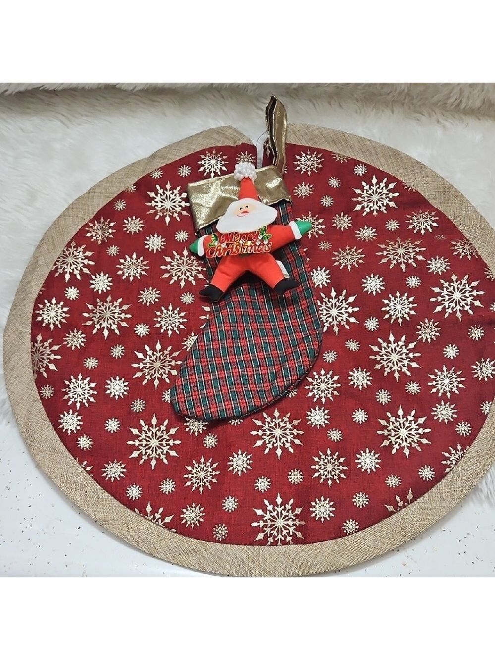 Upcycled Red and Gold Christmas Stocking and Tree Skirt Set